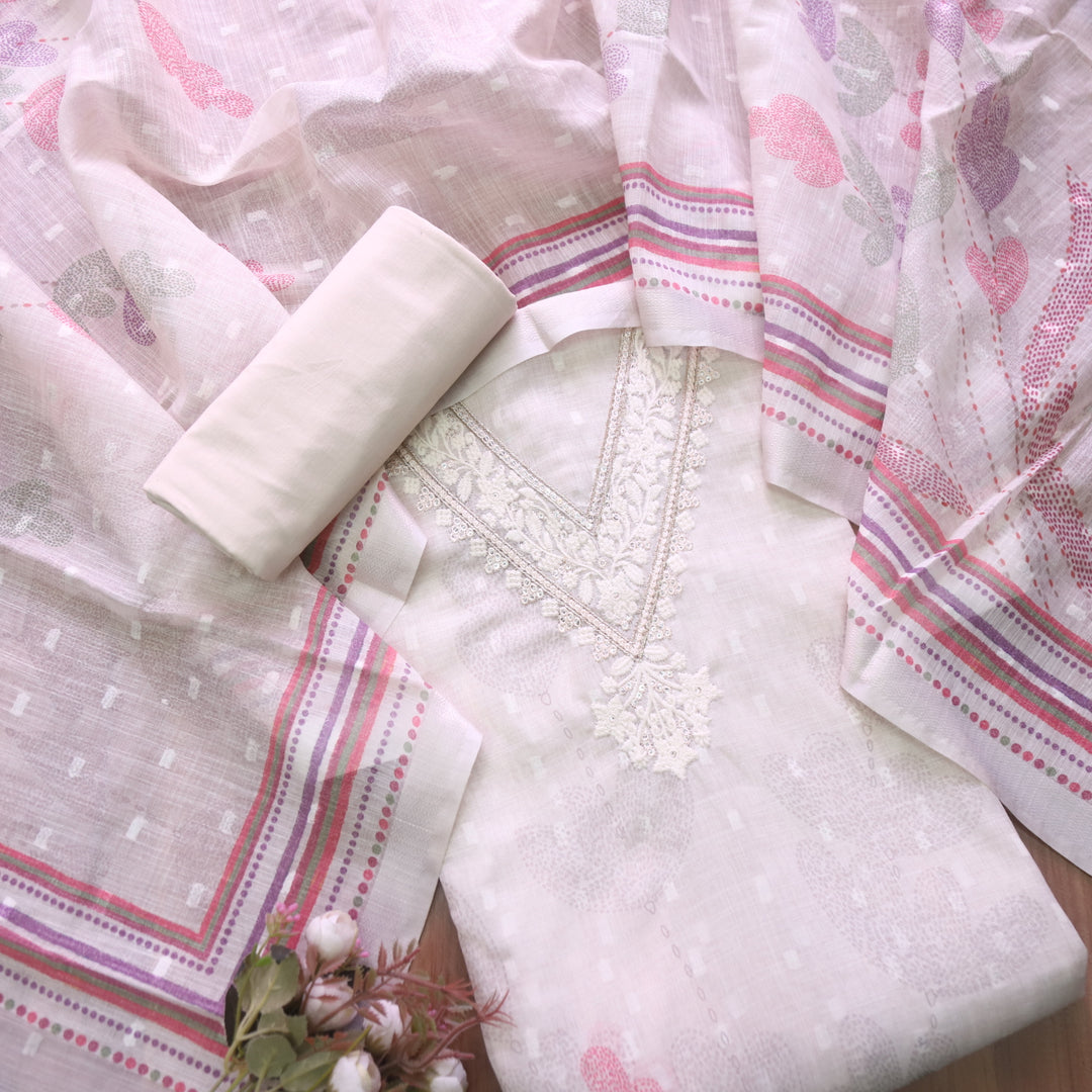 Kamaya Skin Beige V Neck Thread with Zari Work Cotton Linen Suit Set