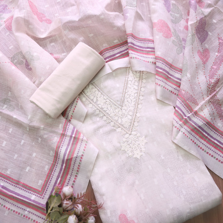 Kamaya Skin Beige V Neck Thread with Zari Work Cotton Linen Suit Set