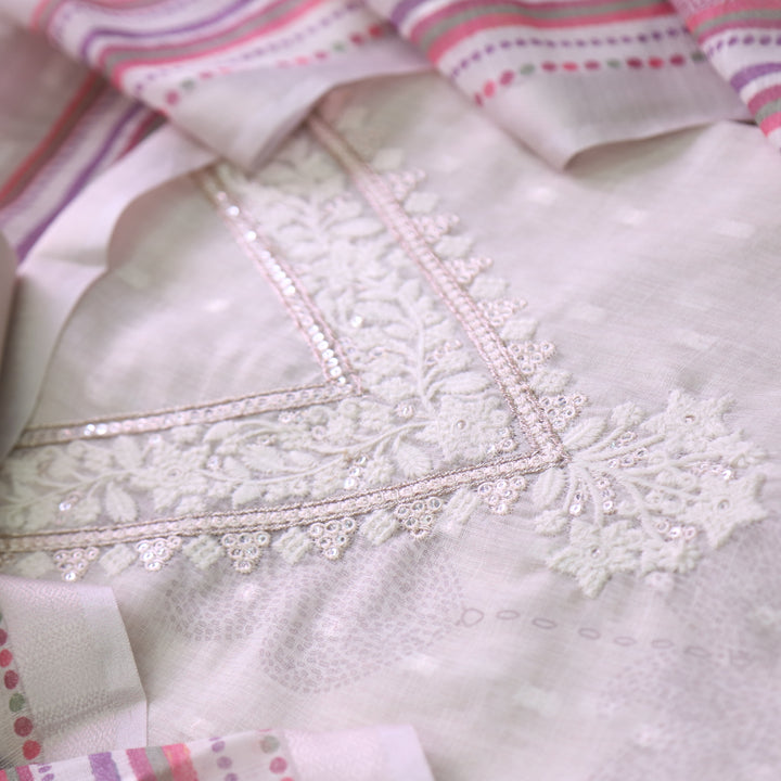 Kamaya Skin Beige V Neck Thread with Zari Work Cotton Linen Suit Set