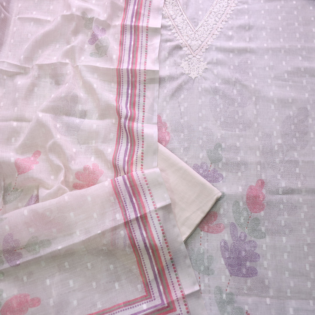 Kamaya Skin Beige V Neck Thread with Zari Work Cotton Linen Suit Set