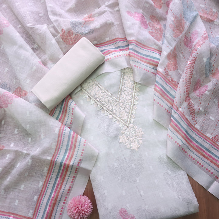 Kamaya Light Spring Mint V Neck Thread with Zari Work Cotton Linen Suit Set