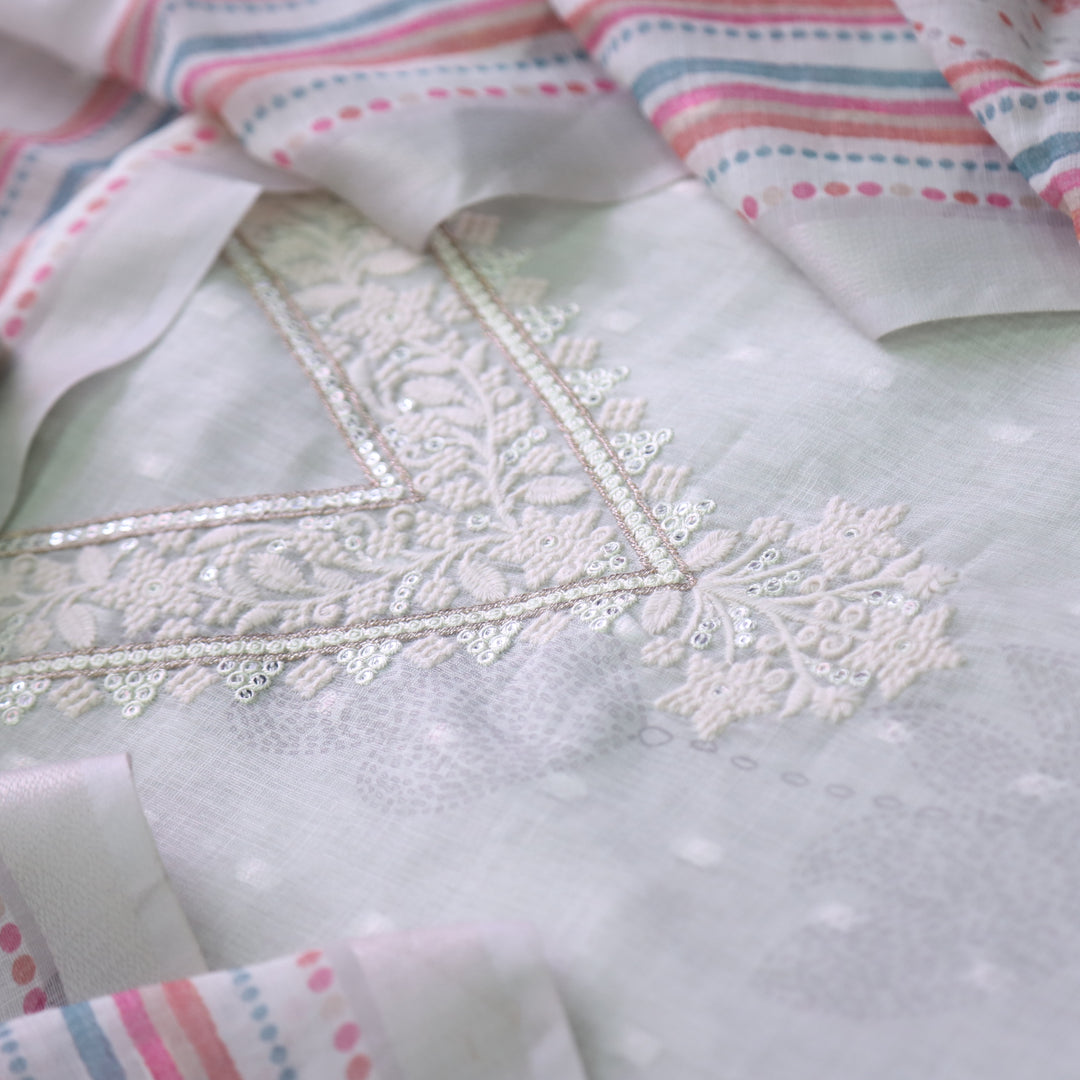 Kamaya Light Spring Mint V Neck Thread with Zari Work Cotton Linen Suit Set