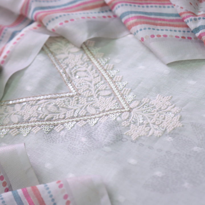 Kamaya Light Spring Mint V Neck Thread with Zari Work Cotton Linen Suit Set