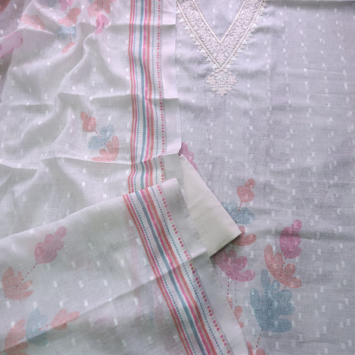 Kamaya Light Spring Mint V Neck Thread with Zari Work Cotton Linen Suit Set