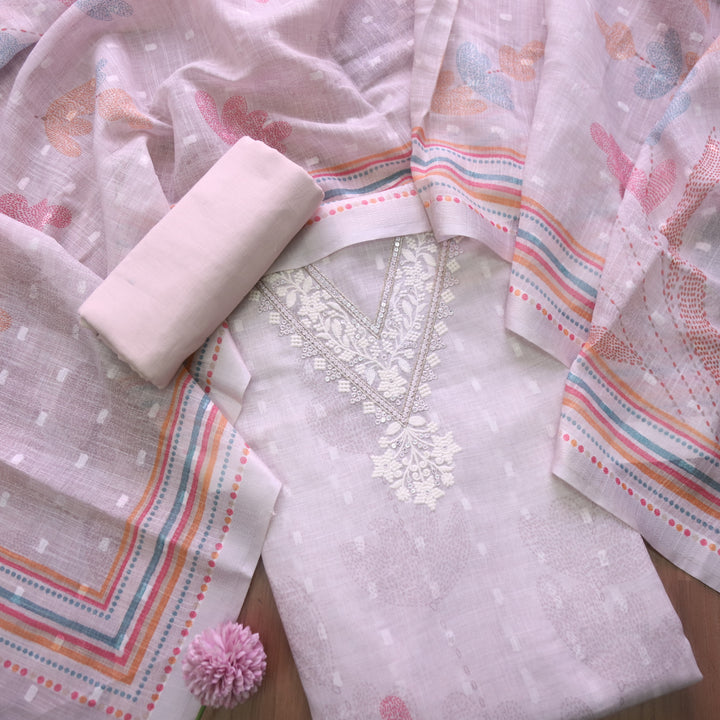 Kamaya Lemonade Lilac Mint V Neck Thread with Zari Work Cotton Linen Suit Set