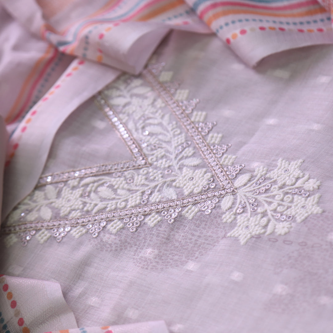 Kamaya Lemonade Lilac Mint V Neck Thread with Zari Work Cotton Linen Suit Set