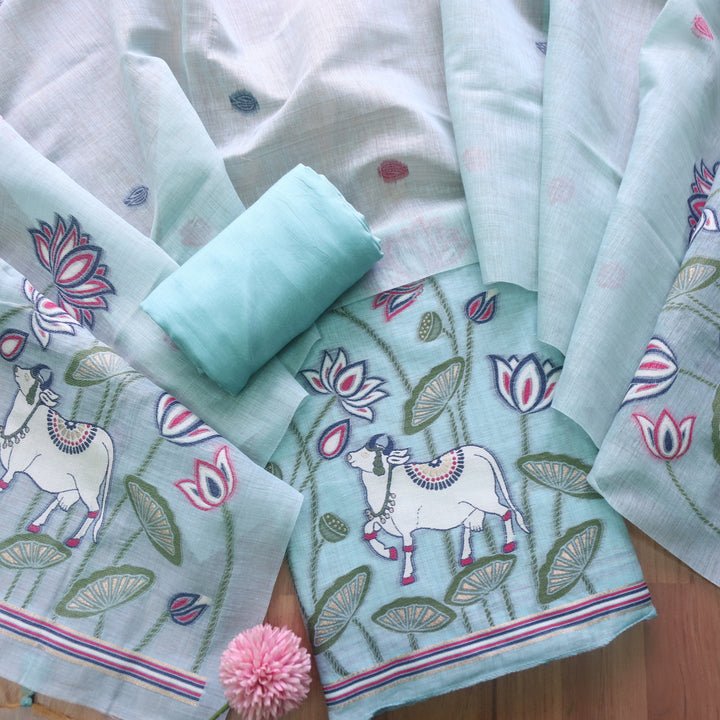 Khayal Ocean Blue Pichwai Authentic Jamdani Weaved Chanderi Suit Set