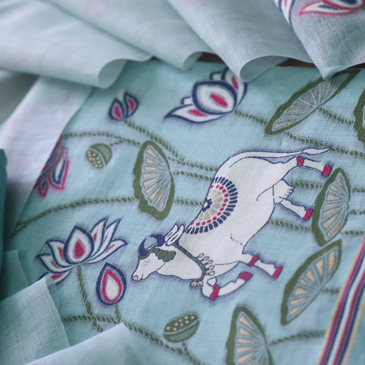 Khayal Ocean Blue Pichwai Authentic Jamdani Weaved Chanderi Suit Set