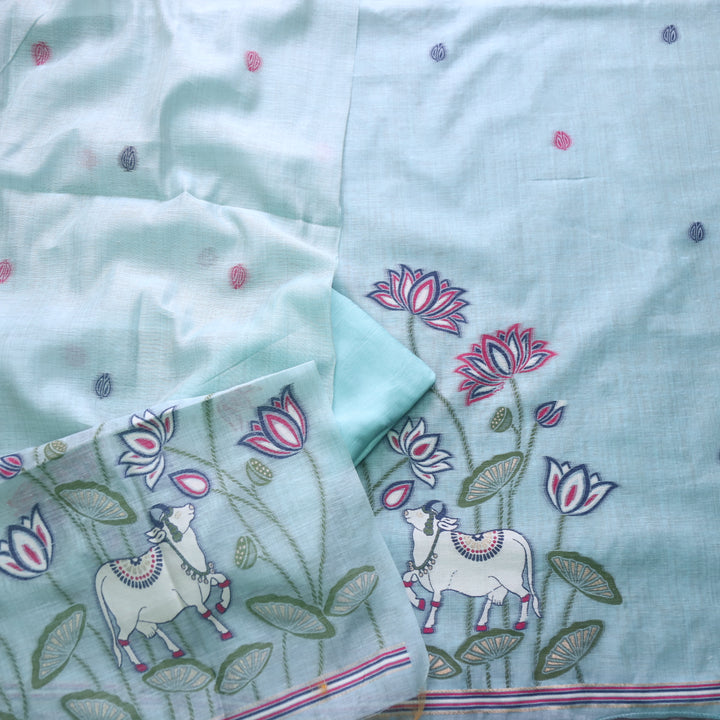 Khayal Ocean Blue Pichwai Authentic Jamdani Weaved Chanderi Suit Set