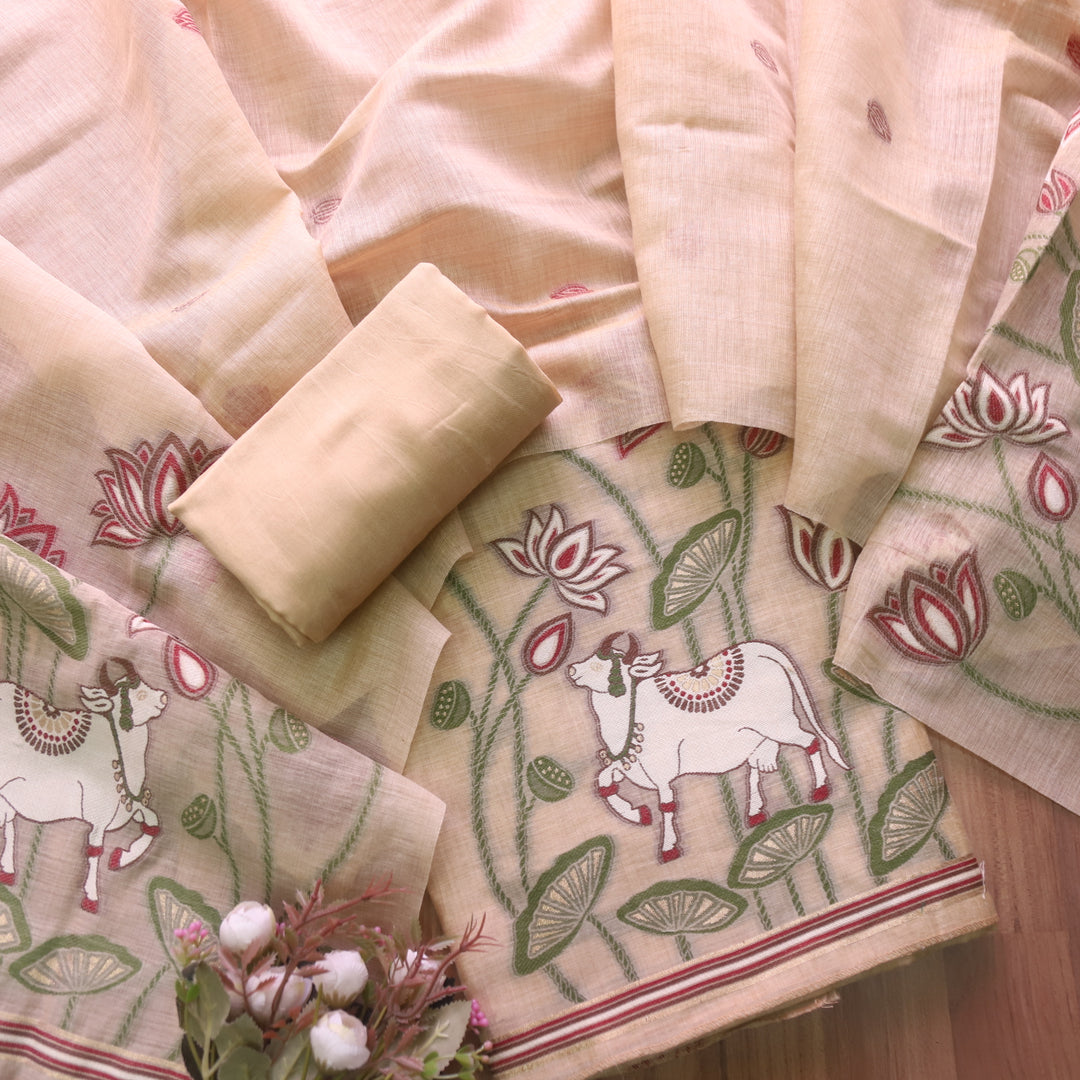 Khayal Skin Beige Pichwai Authentic Jamdani Weaved Chanderi Suit Set