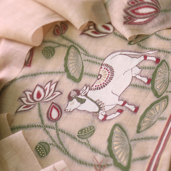Khayal Skin Beige Pichwai Authentic Jamdani Weaved Chanderi Suit Set
