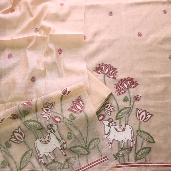 Khayal Skin Beige Pichwai Authentic Jamdani Weaved Chanderi Suit Set