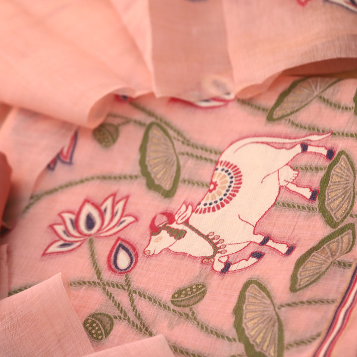Khayal Coral Peach Pichwai Authentic Jamdani Weaved Chanderi Suit Set