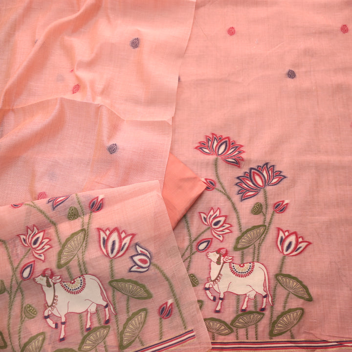 Khayal Coral Peach Pichwai Authentic Jamdani Weaved Chanderi Suit Set