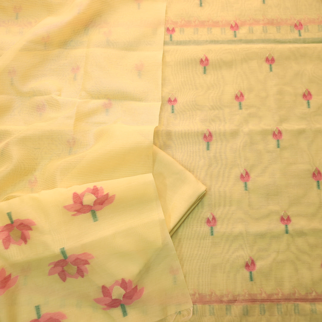 Raina Pineapple Yellow with Pink Authentic Floral Jamdani Weaved Suit Set