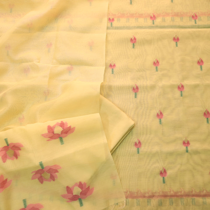 Raina Pineapple Yellow with Pink Authentic Floral Jamdani Weaved Suit Set