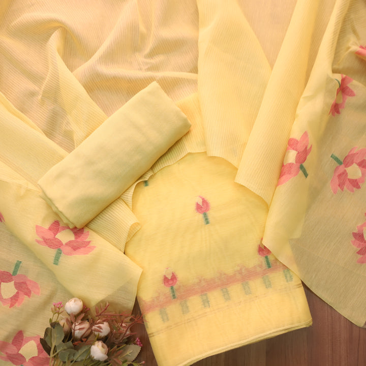 Raina Pineapple Yellow with Pink Authentic Floral Jamdani Weaved Suit Set