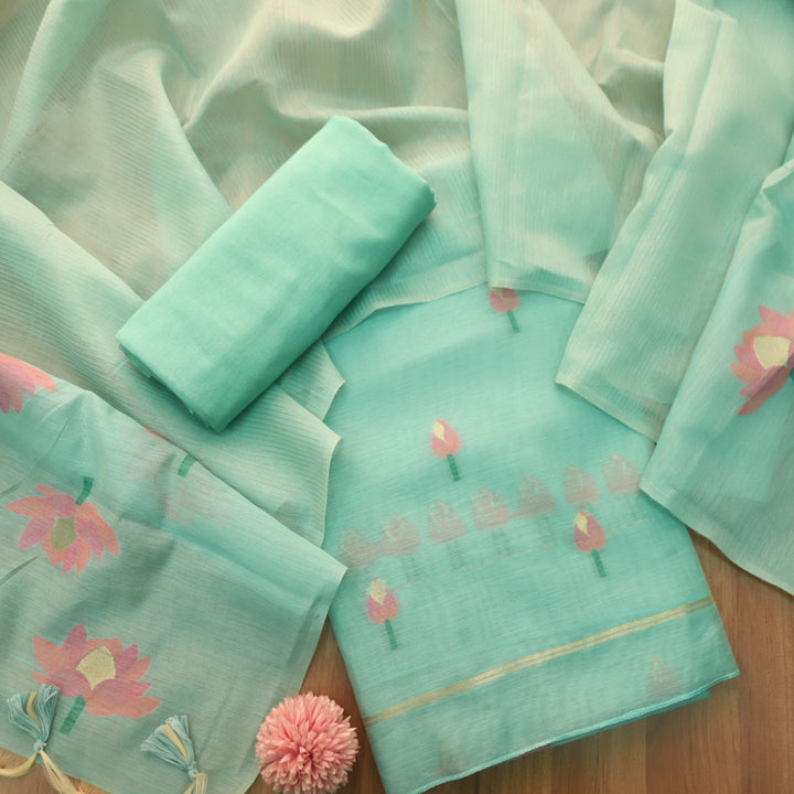 Raina Sea Form Blue with Pink Authentic Floral Jamdani Weaved Suit Set