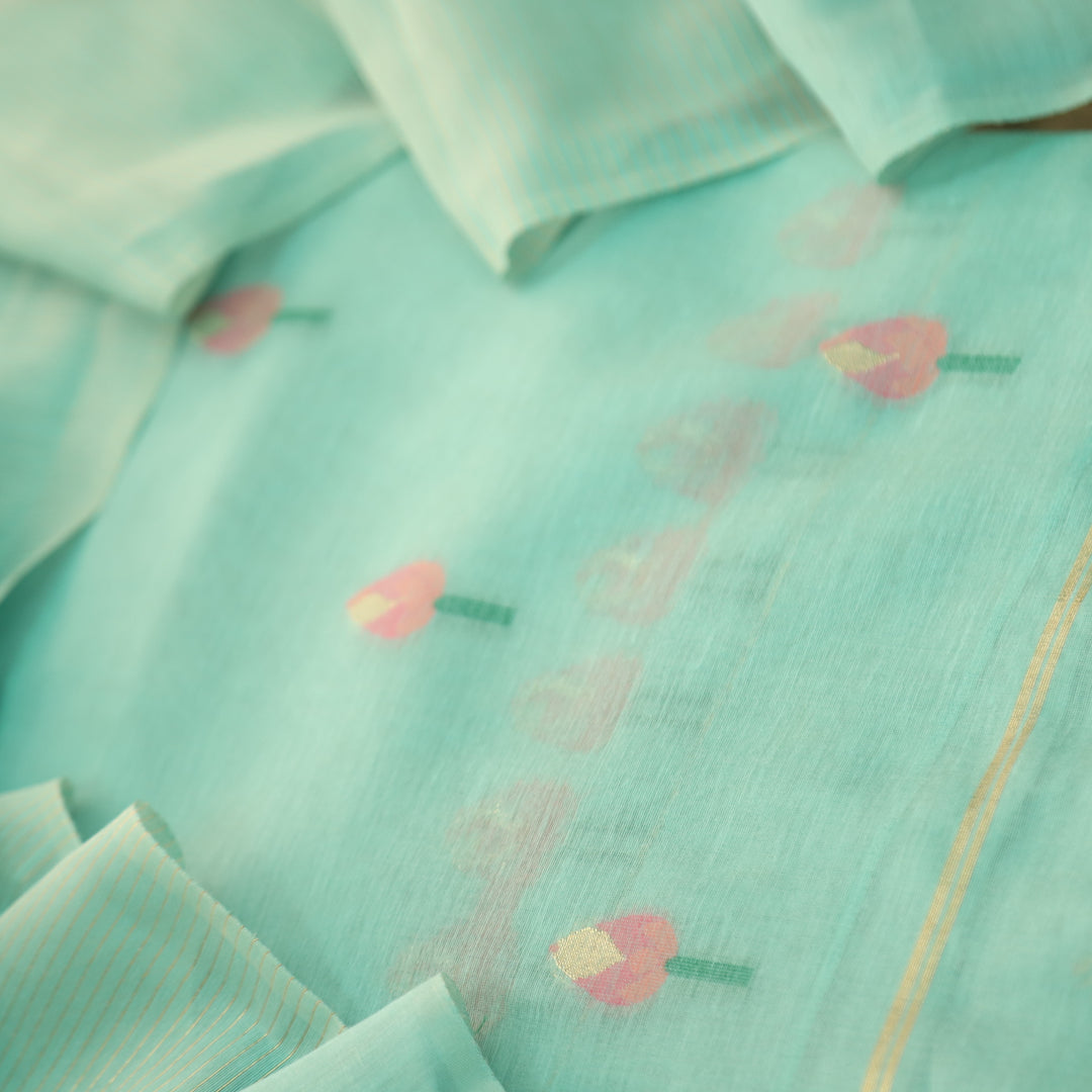 Raina Sea Form Blue with Pink Authentic Floral Jamdani Weaved Suit Set