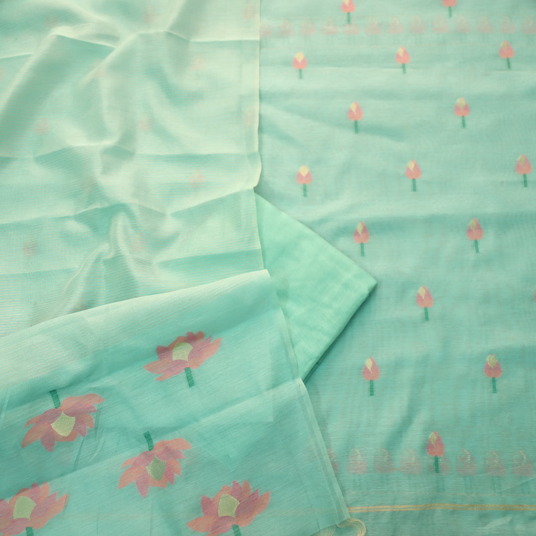 Raina Sea Form Blue with Pink Authentic Floral Jamdani Weaved Suit Set