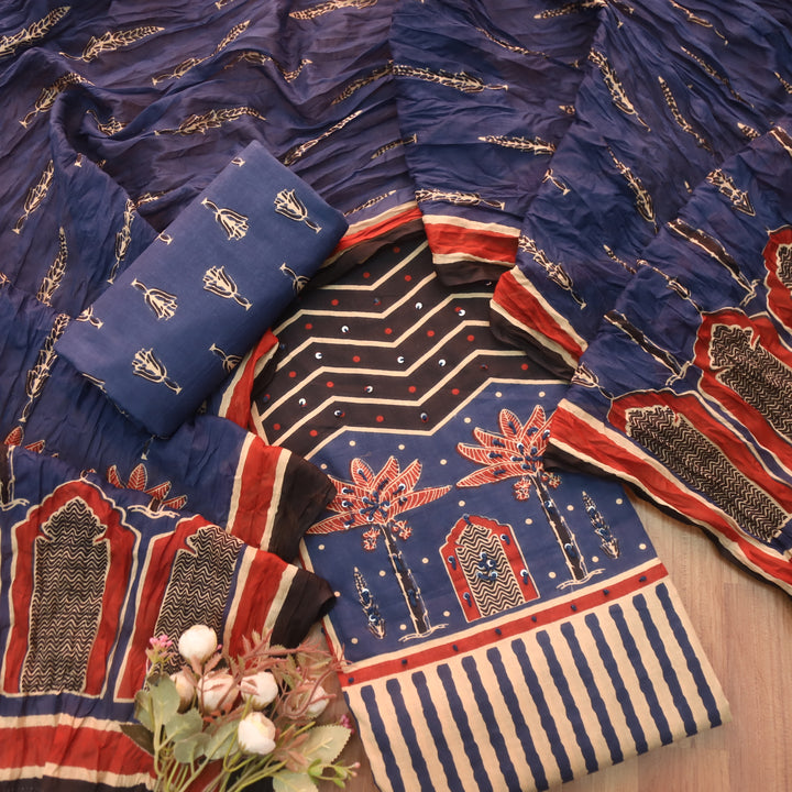 Ramaya Royal Blue French Knot Patch Print in Stripe Printed Cotton Suit Set