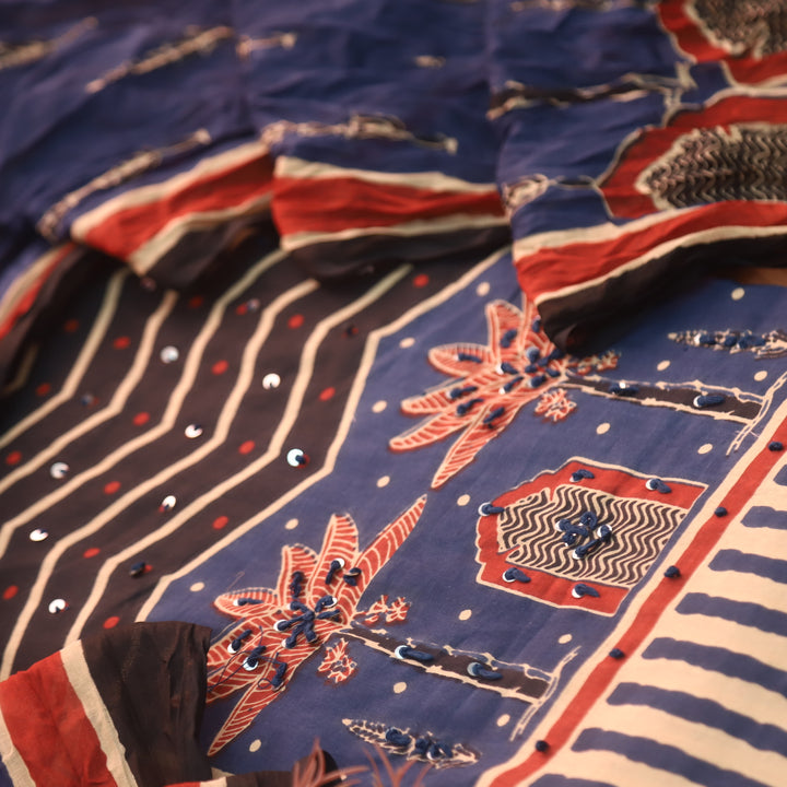 Ramaya Royal Blue French Knot Patch Print in Stripe Printed Cotton Suit Set