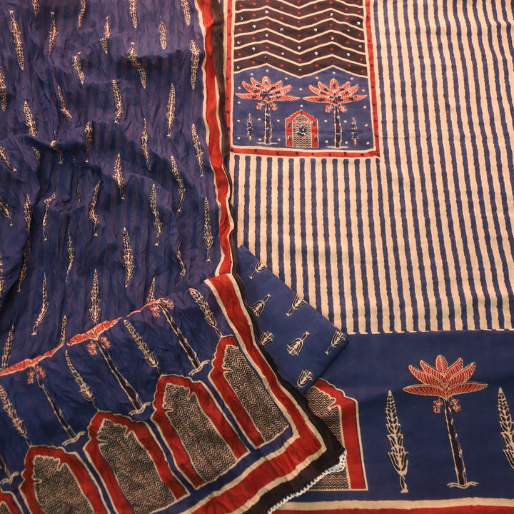 Ramaya Royal Blue French Knot Patch Print in Stripe Printed Cotton Suit Set