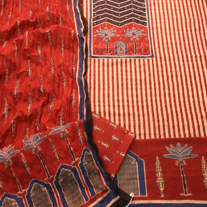 Ramaya Barn Red French Knot Patch Print in Stripe Printed Cotton Suit Set