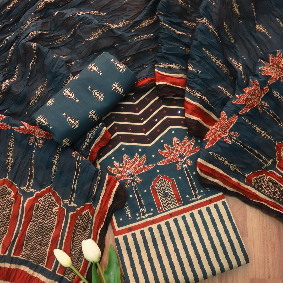 Ramaya Cerulean Teal French Knot Patch Print in Stripe Printed Cotton Suit Set