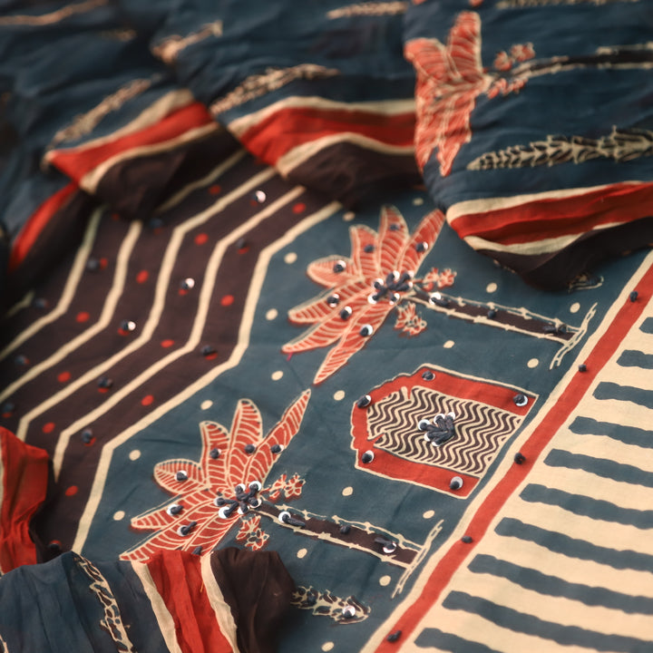 Ramaya Cerulean Teal French Knot Patch Print in Stripe Printed Cotton Suit Set