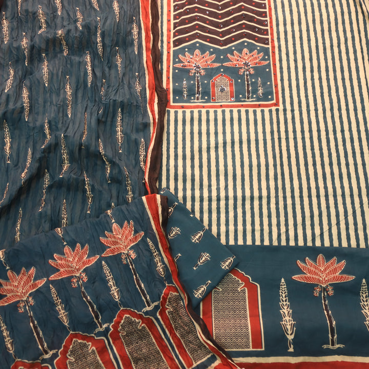 Ramaya Cerulean Teal French Knot Patch Print in Stripe Printed Cotton Suit Set
