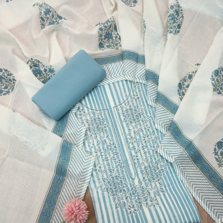 Rahi Sapphire Blue Thread Embroidered Neck Work in Stripe Print Cotton Suit Set