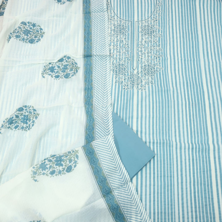 Rahi Sapphire Blue Thread Embroidered Neck Work in Stripe Print Cotton Suit Set