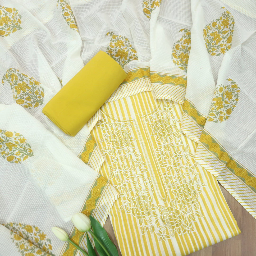 Rahi Corn Yellow Thread Embroidered Neck Work in Stripe Print Cotton Suit Set