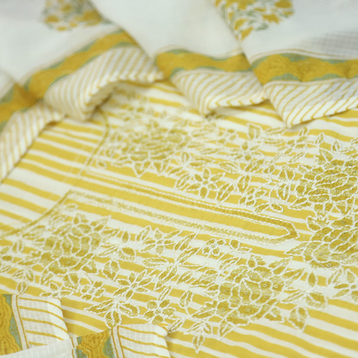 Rahi Corn Yellow Thread Embroidered Neck Work in Stripe Print Cotton Suit Set