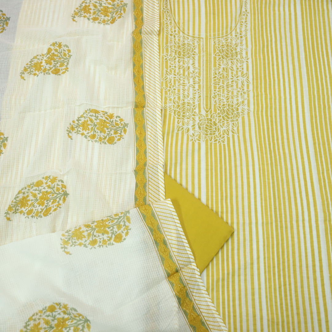 Rahi Corn Yellow Thread Embroidered Neck Work in Stripe Print Cotton Suit Set
