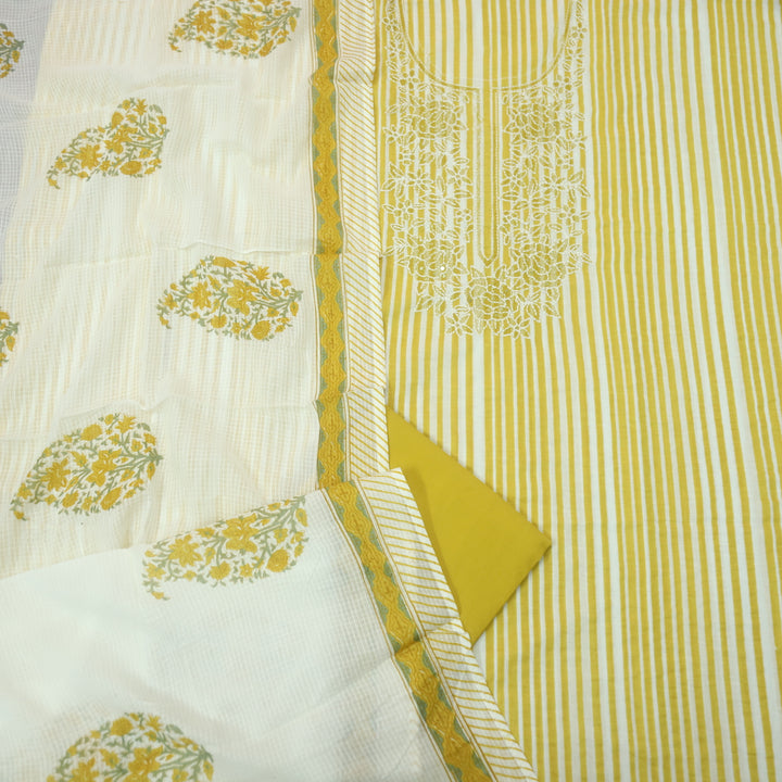 Rahi Corn Yellow Thread Embroidered Neck Work in Stripe Print Cotton Suit Set