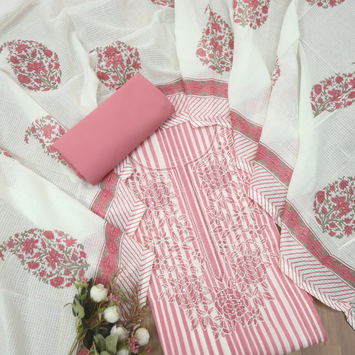 Rahi Candy Pink Thread Embroidered Neck Work in Stripe Print Cotton Suit Set