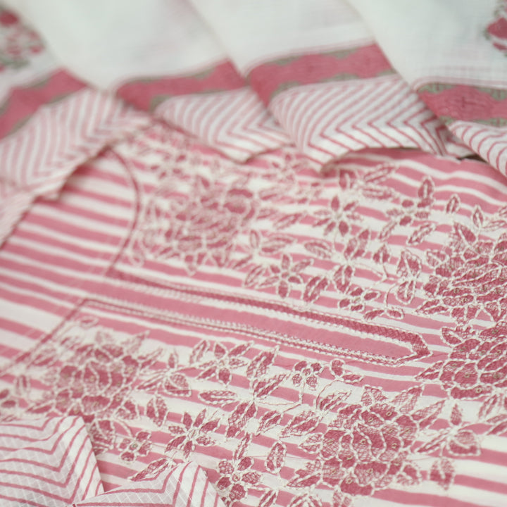 Rahi Candy Pink Thread Embroidered Neck Work in Stripe Print Cotton Suit Set