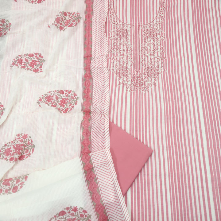 Rahi Candy Pink Thread Embroidered Neck Work in Stripe Print Cotton Suit Set