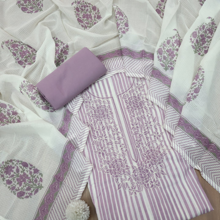 Rahi Mulberry Purple Thread Embroidered Neck Work in Stripe Print Cotton Suit Set