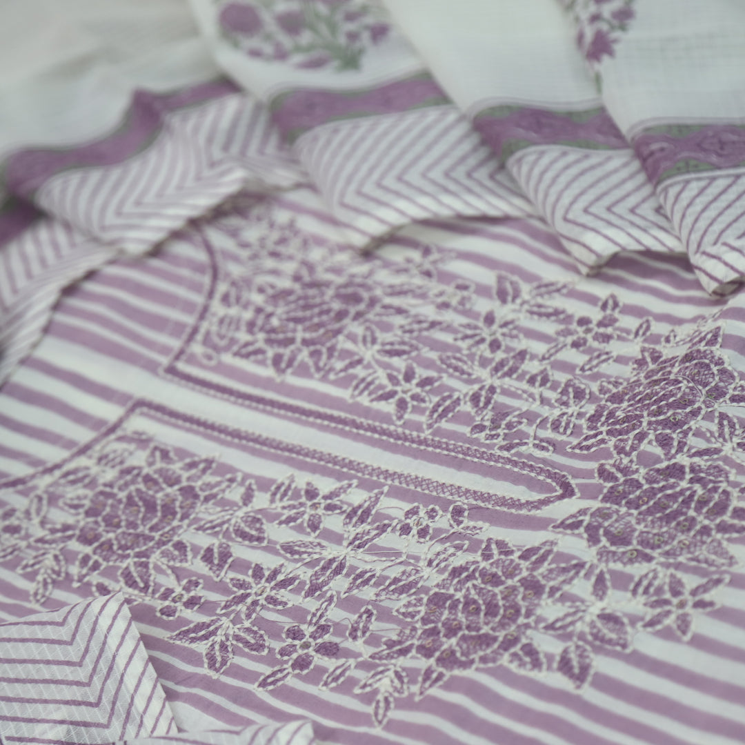 Rahi Mulberry Purple Thread Embroidered Neck Work in Stripe Print Cotton Suit Set