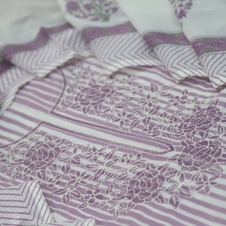 Rahi Mulberry Purple Thread Embroidered Neck Work in Stripe Print Cotton Suit Set