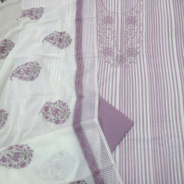 Rahi Mulberry Purple Thread Embroidered Neck Work in Stripe Print Cotton Suit Set