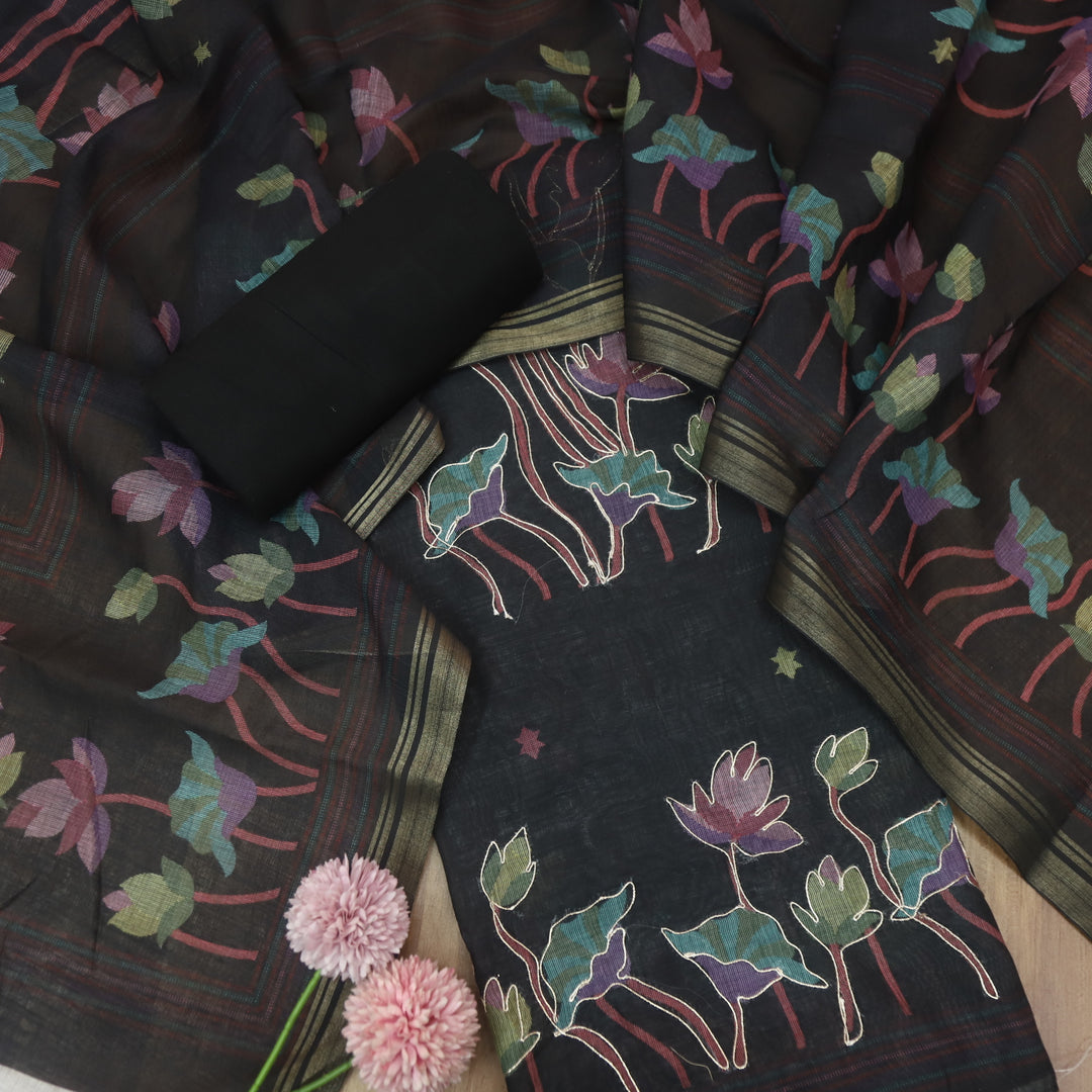 Kranti Charcoal Black Floral Printed with Zari Work Cotton Linen Suit Set