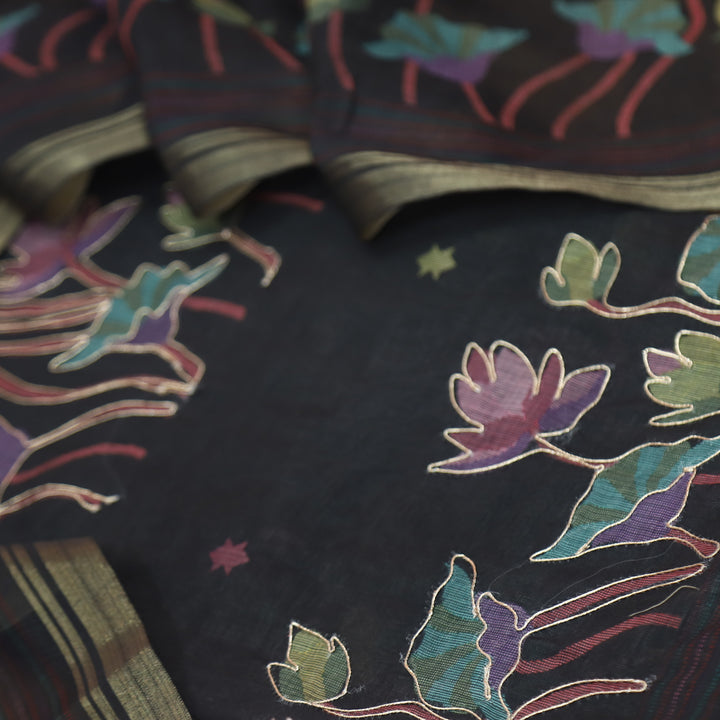 Kranti Charcoal Black Floral Printed with Zari Work Cotton Linen Suit Set