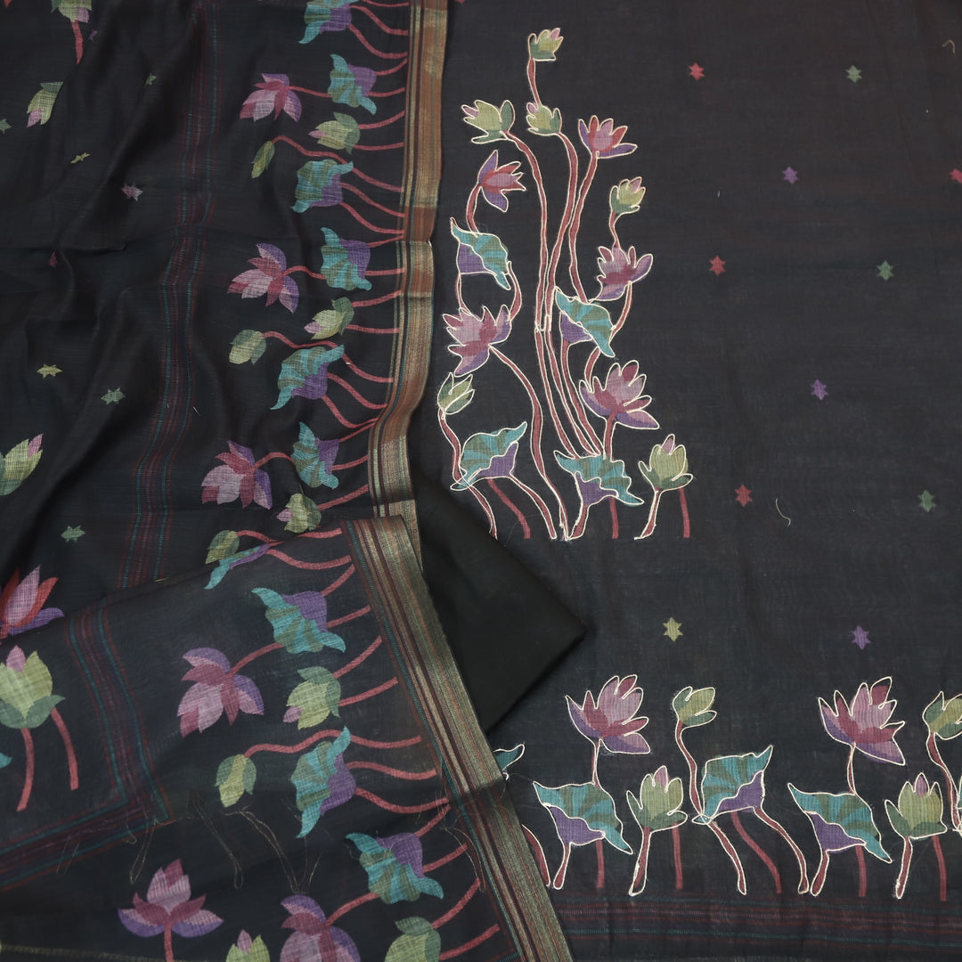Kranti Charcoal Black Floral Printed with Zari Work Cotton Linen Suit Set