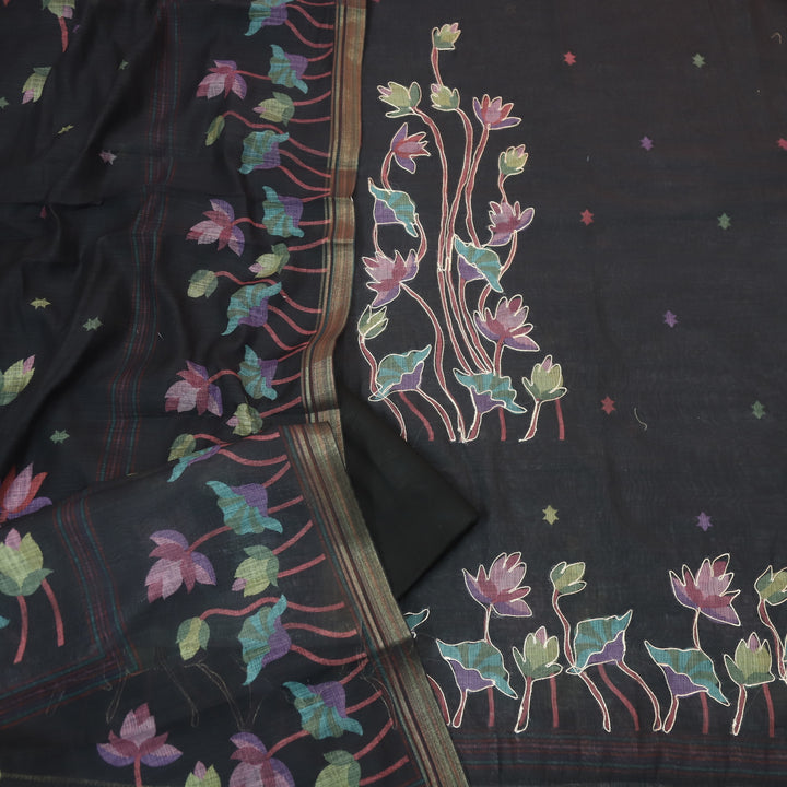 Kranti Charcoal Black Floral Printed with Zari Work Cotton Linen Suit Set