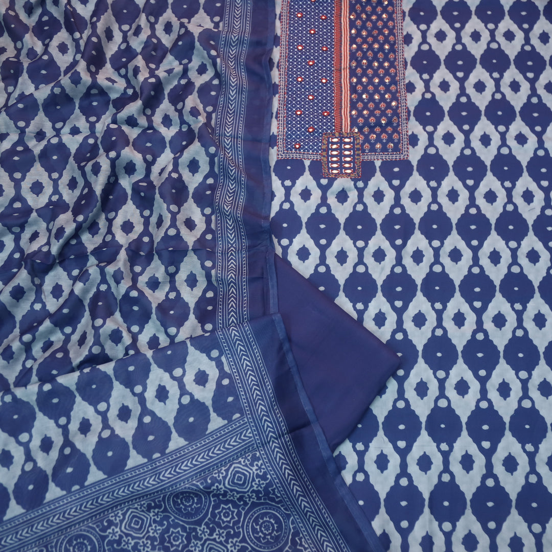 Sobiya Indigo Blue Kantha with Patra Work Dabu Printed Cotton Suit Set