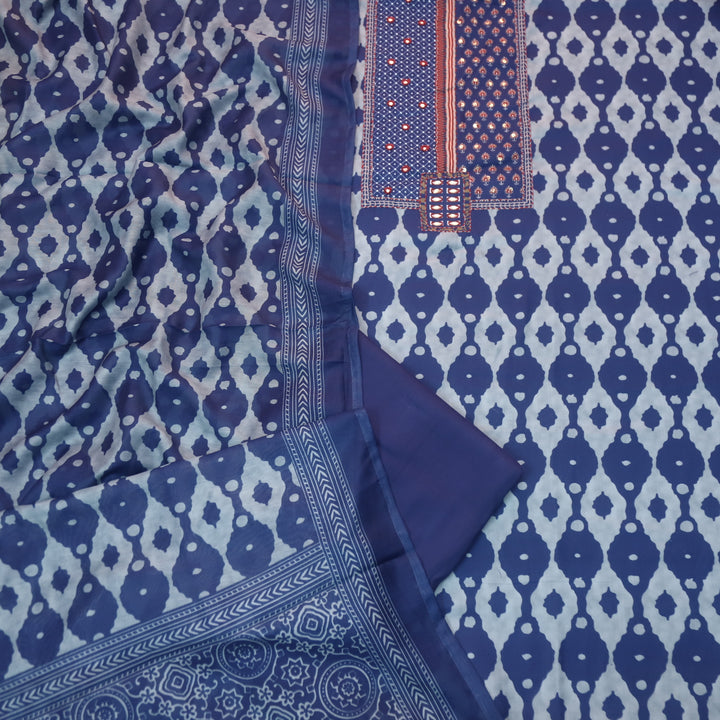 Sobiya Indigo Blue Kantha with Patra Work Dabu Printed Cotton Suit Set